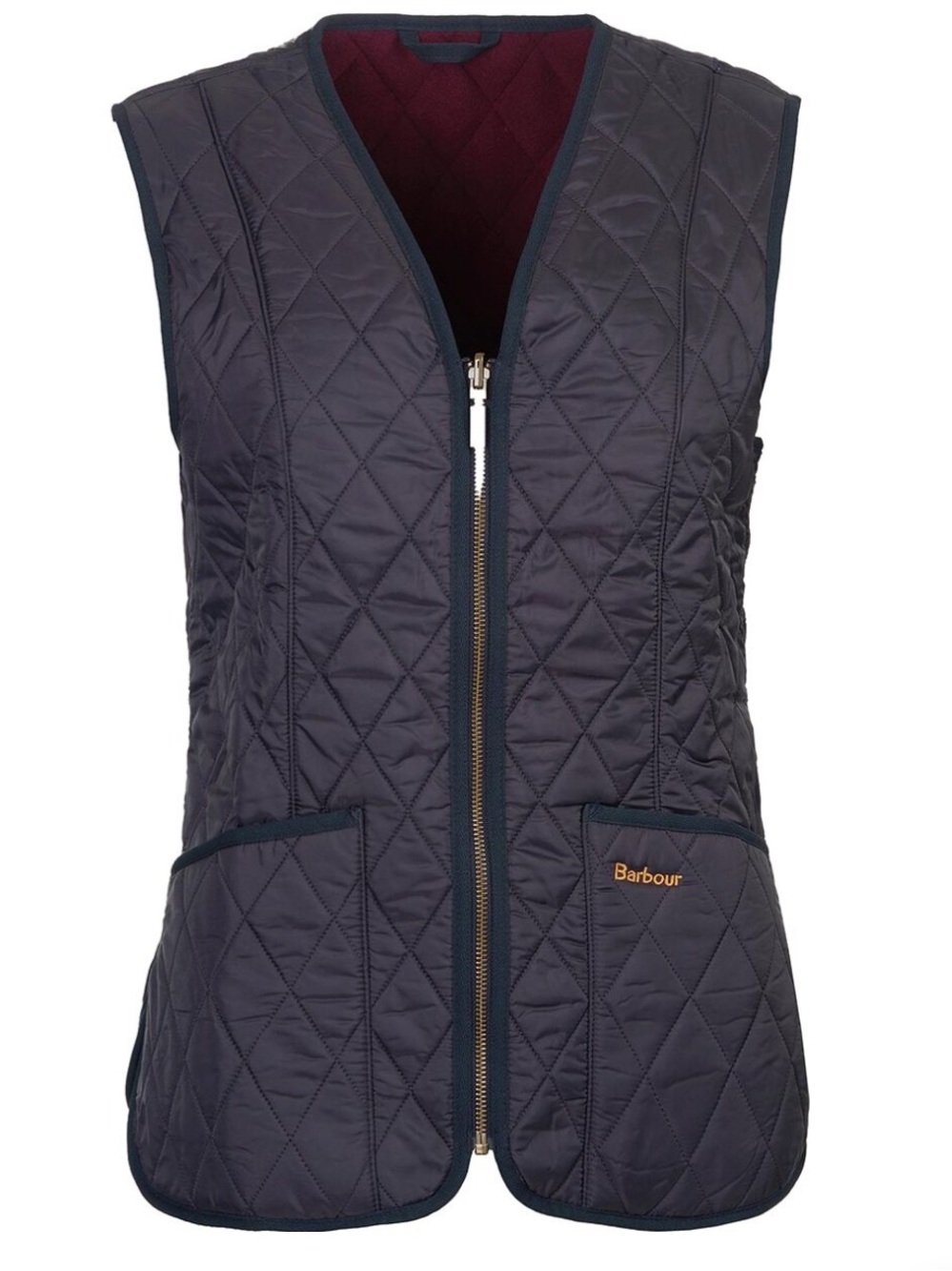 Barbour Quilted Betty Liner Vest in Navy with Burgundy Lining